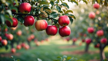 Many vibrant red ripe juicy apples hanging on a branch in the garden, poised for harvest.