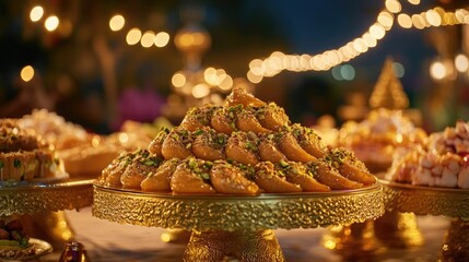 A sweets stall featuring crescent-shaped kunafa with garnishing of pistachios and honey drizzle