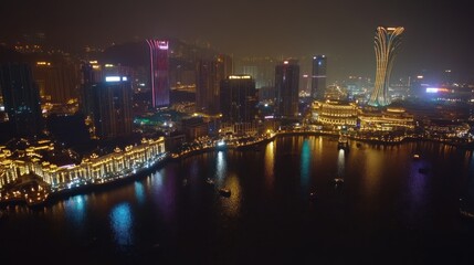 Fototapeta premium Night cityscape, illuminated skyscrapers, waterfront, hazy atmosphere