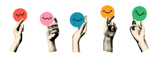 Trendy halftone collage elements set. Hands holding emoji, positive and negative feedback, customer review concept. Paper clipping shapes, cut out modern retro vector illustration on transparent