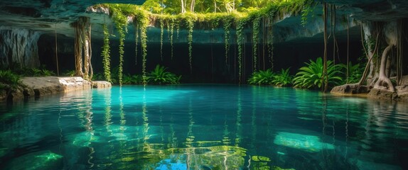 Beautiful cenote featuring clear waters and suspended roots.