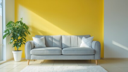 Fototapeta premium Comfortable sofa positioned with a plant adjacent to wall in room