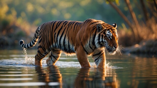 Malayan tiger male wading in the water at the lake's edge in the wilderness with a wet tiger in foamy water.