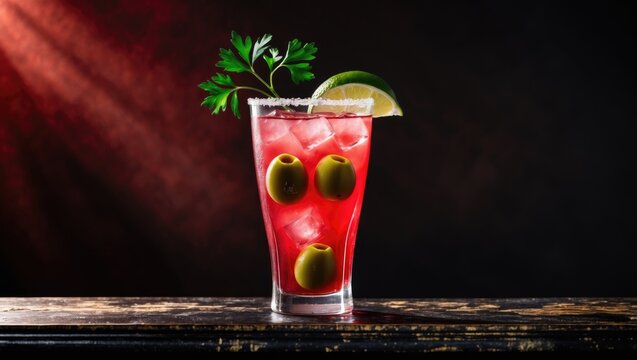 Iced Bloody Mary (Caesar) cocktail served with olives, parsley, and lime wedge in a glass, placed on a wooden bar against a dark background. Vertical photo captured with shallow depth of field.