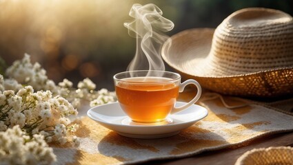 Cup of steaming tea and cozy home setting. Good morning theme.