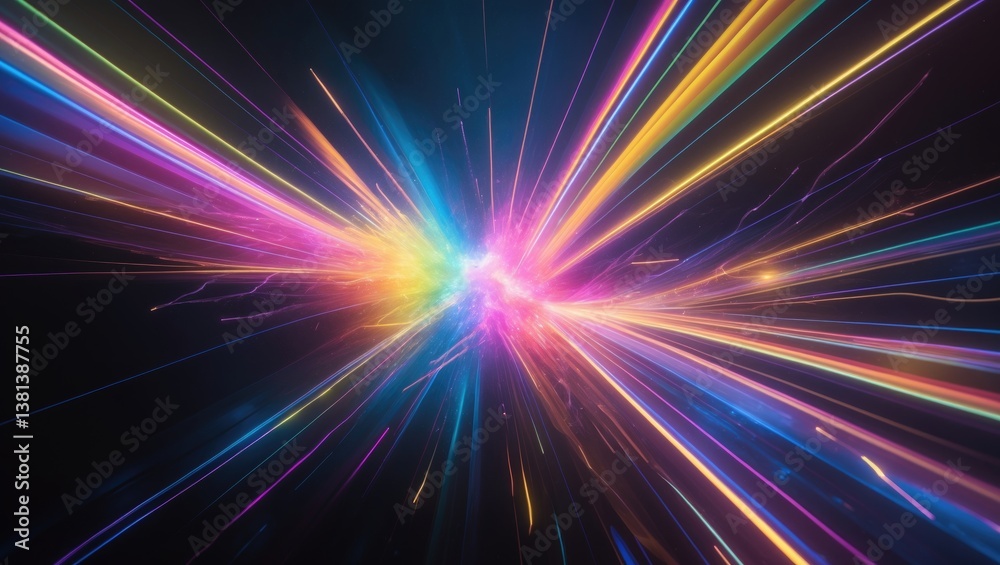 Poster colorful glow light flare spark texture. rays on dark abstract background.