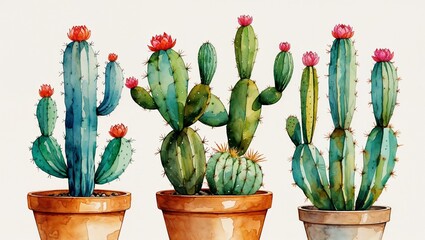 Row of cactus plants in pots watercolor illustration with red blooms