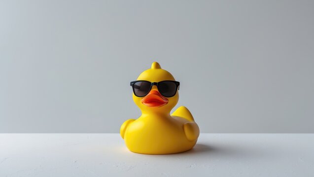 Cool little yellow rubber duck sporting black sunglasses, with empty space on the right. Be smart, be cool idea.