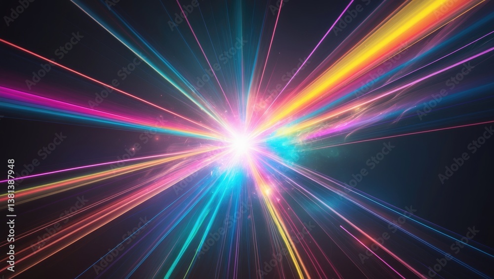 Poster colorful glow light flare sparks texture. rays on a dark abstract background.
