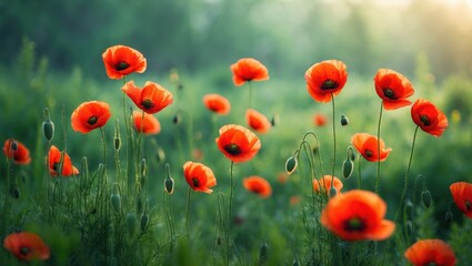 Obraz premium A vibrant field filled with red poppies extends endlessly, their brilliant petals swaying in the sunlight, creating a striking, picturesque scene of natural beauty and tranquility.