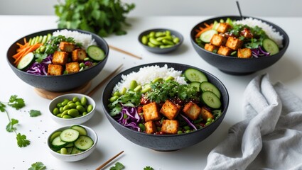 Kitchen table - two vegan poke bowls prepared for lunch. The bowls are filled with rice, baked tempeh in sauce, and fresh, colorful vegetables. A healthy and nutritious, delicious meal.