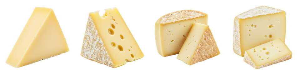 Four cheese wedges and wheels highlighting varied textures and holes.