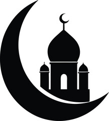 Black and White Silhouette of a Mosque with Crescent Moon Symbol