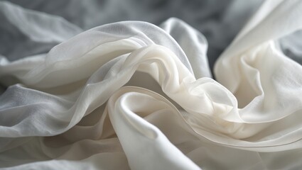 Blurred translucent fabric gracefully swirls, creating delicate folds adorned with hints of floral accents. The layered textures and soft flow evoke an artistic, dreamy appearance.