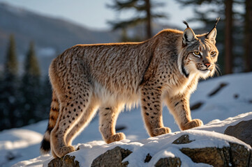 Obraz premium Lynx resting on snowy rock in winter forest.