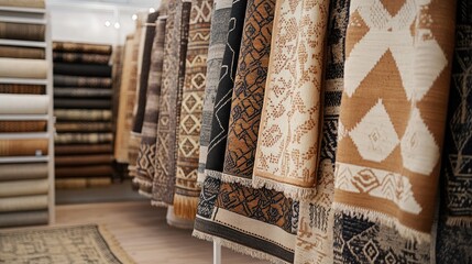 A traditional corner in an Eid market showcasing handwoven carpets with elaborate geometric designs and rich