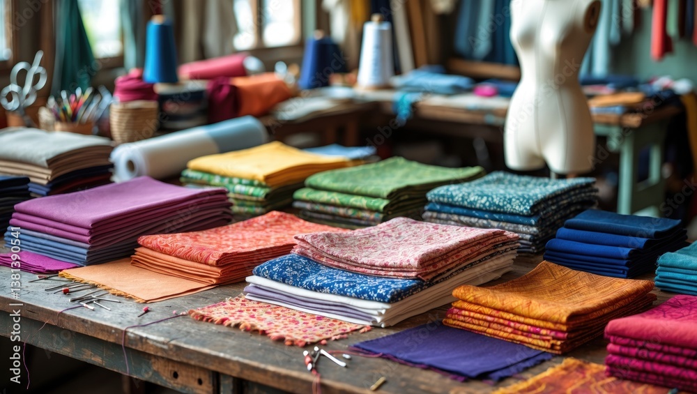 Poster colorful fabric samples arranged in a tailoring workshop setting.