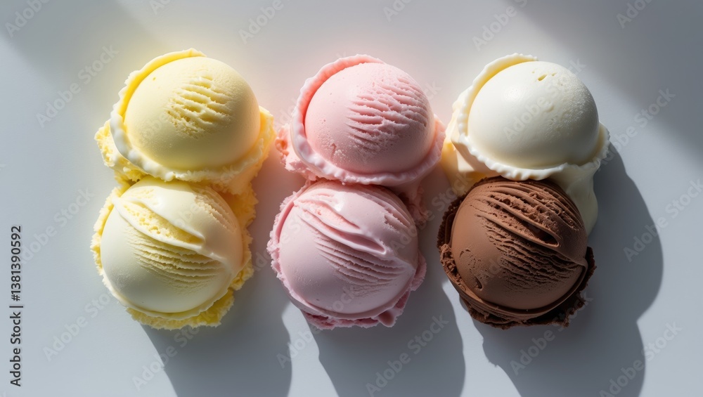 Poster ice cream collection, different ice cream scoops separated on a background, overhead view, space for