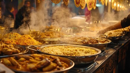 A traditional Eid food stall filled with steaming dishes of biryani
