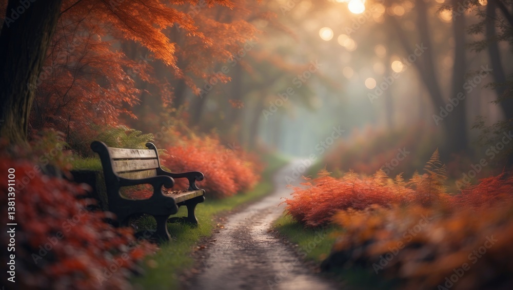 Poster tranquil scene with a blurred background featuring a forest trail enhanced by colorful leaves, invit