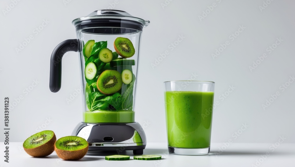 Poster green shake drink idea, blended fruits and vegetables in a blender ready for smoothie preparation wi