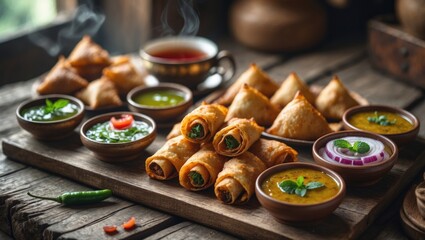 Coriander Kothimbir vada, Samosa, Kachori, and Daal Vada are popular snacks for tea time, with selective focus.