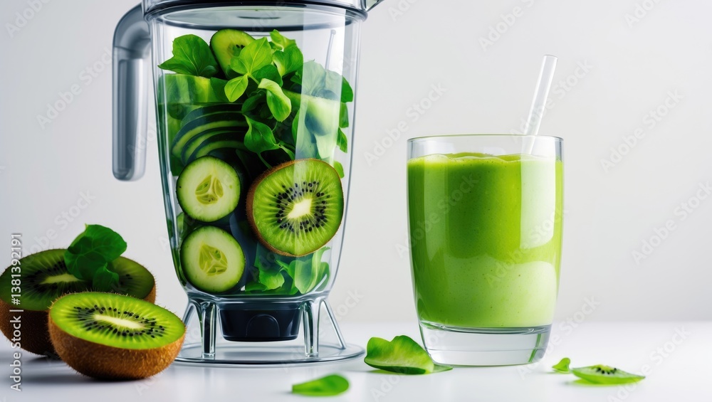 Aufkleber green shake drink idea, blended fruits and vegetables in a blender preparing to create a smoothie wi