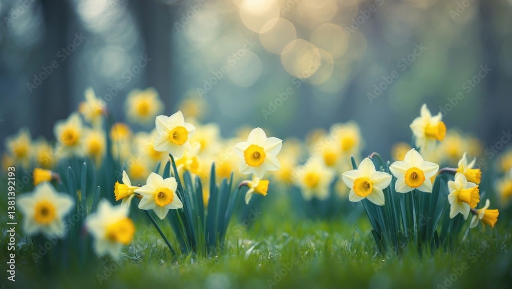 Fototapete daffodils in a stunning natural setting with bokeh in the background.
