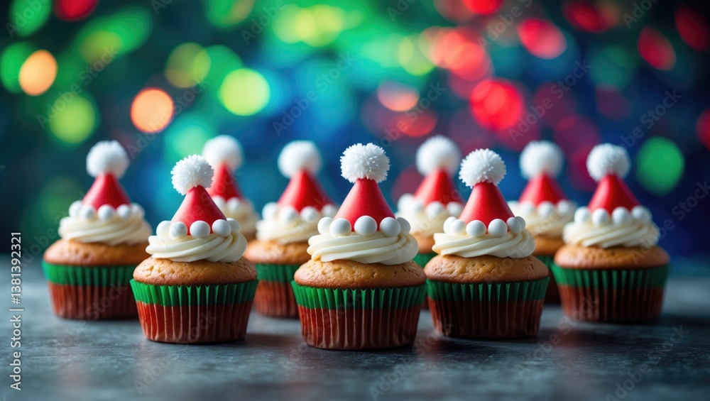 Poster cupcakes designed like santa hats, placed against a colorful bokeh background; festive theme.