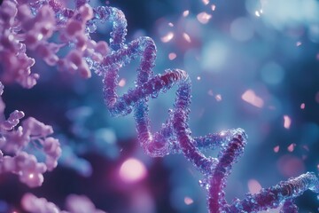 Scientific data processing and analysis of DNA strands with abstract background visualization, scientific data processing over scope with dna strand