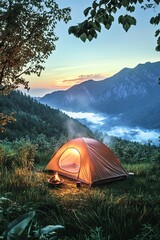 Camping tent in serene mountain landscape at sunset with smoke rising from fire, peaceful outdoor adventure, nature exploration, camping experience, outdoor lifestyle concept