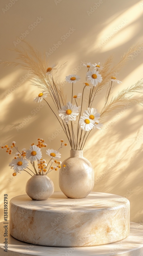 Poster delicate blossoms and slender grass adorn two stylish vases placed on a smooth round marble table, b