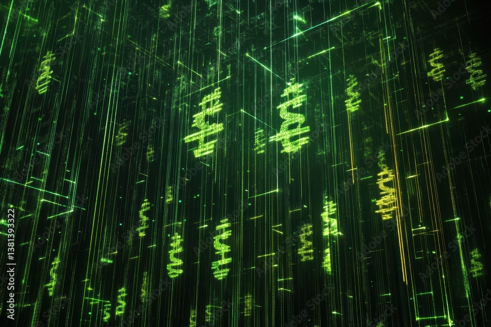 Poster exploring currency symbols and data processing in a digital environment, currency symbols and data p