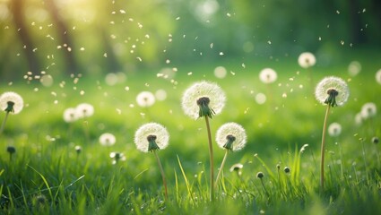 Dandelion meadow featuring rising blowballs in the air, depicting a fresh green nature scene related to pollination with a blurred background.