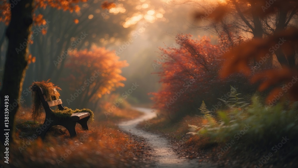Aufkleber tranquil scene with a blurred background featuring a forest trail decorated with colorful leaves, in