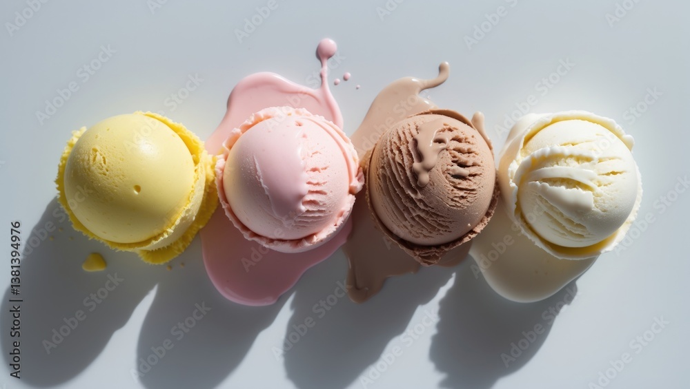Poster ice cream collection, assorted ice cream scoops separated on a background, overhead view, empty spac