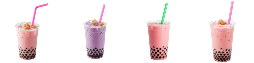 Four iced bubble teas in pink and purple.