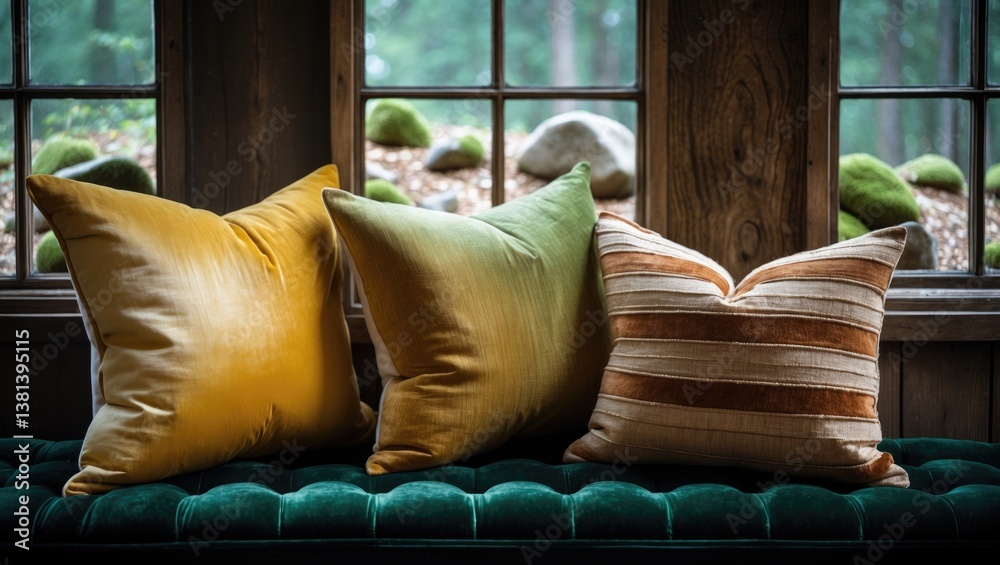 Poster cozy window nook featuring textured cushions and a soft blanket, ideal for relaxation in a warm atmo