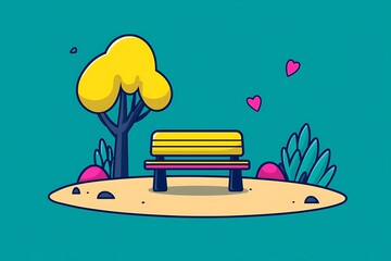 A Colorful Illustration of a Park Bench and Surrounding Nature