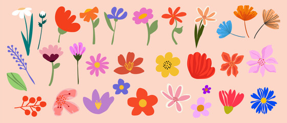 Set of various flowers and leaves for design of postcards, invitations, banner, poster, cover.