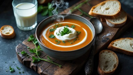 Creamy pumpkin soup featuring vegetables and spices.