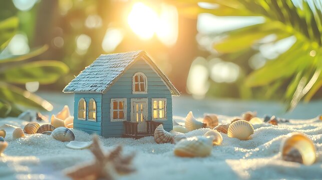 Miniature beach house on sandy shore