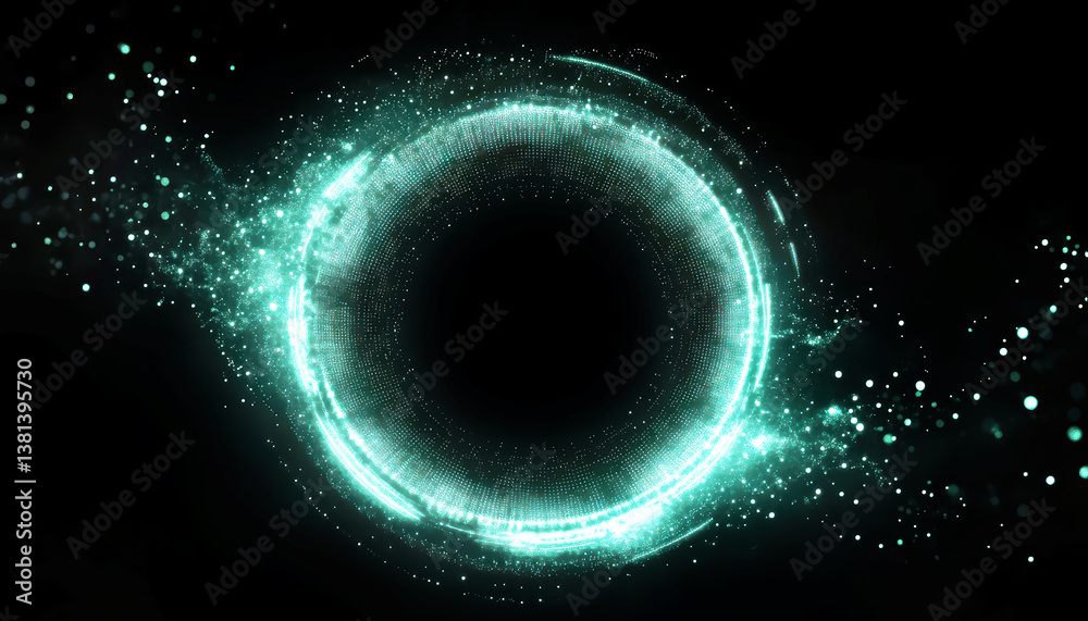 Wall mural abstract dark turquoise circle dot portal with glow effect on a dark background. energy flow or spee