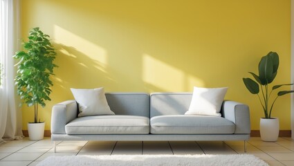 Sofa with plant adjacent to wall in room.