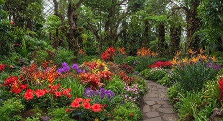 Botanical Garden Paradise: Tropical Flowers and Lush Foliage - Vibrant tropical flowers, lush greenery, serene pathway, stone walkway, tranquil garden setting. Symbolizes: peace, nature, beauty