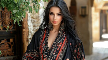Stunning Woman in an Embroidered Kaftan, Posing Near an Ancient Doorway