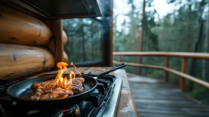 An inviting scene of meat cooking over a flame in a picturesque cabin, showcasing the warmth and comfort of a rustic culinary experience while surrounded by nature.