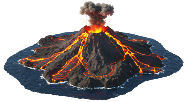 Volcano Erupting on Island Surrounded by Water with Lava Flowing