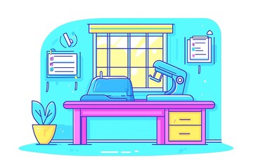 A colorful illustration of a sewing room workstation interior