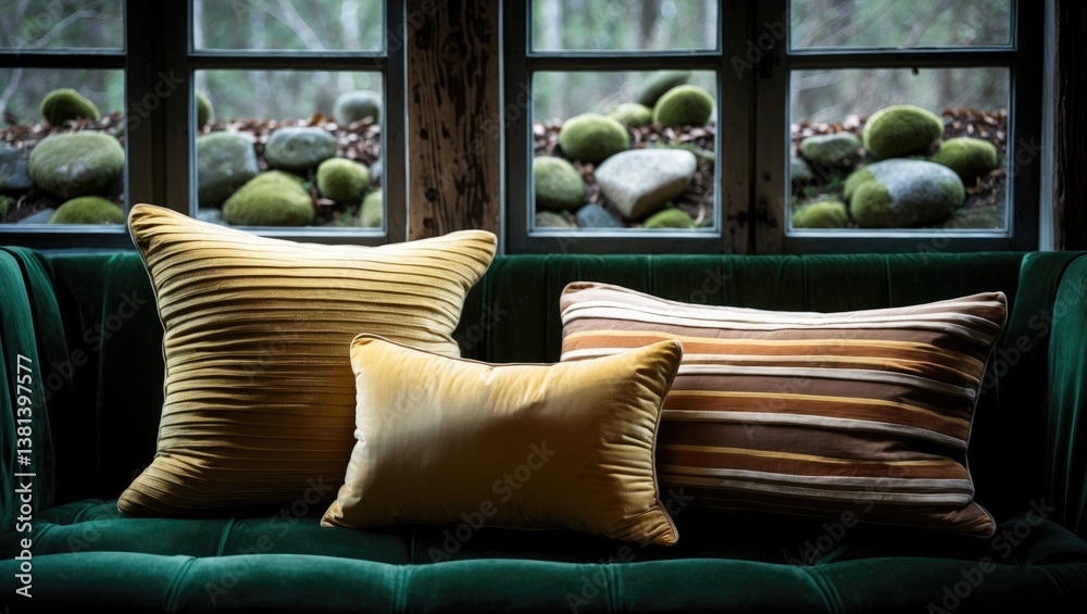 Poster nurturing window corner with plush cushions and a cozy blanket, ideal for unwinding in a comforting 